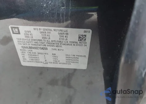 2014 Chevrolet Equinox 1Lt из США, поврежденный, VIN 1GNALBEK6EZ104259